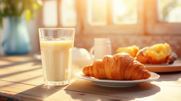 Café da manhã escolar com leite e croissants na mesa à luz do sol da manhã IA geradora