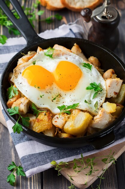 Café da manhã farto. Hash brown batatas, frango, cebola, salsa, orégano e um ovo frito em uma frigideira na velha mesa de madeira.