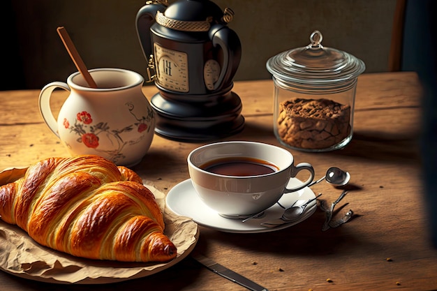 Café da manhã francês na mesa com café e croissant
