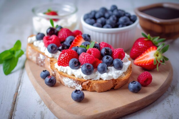 Café da manhã fresco com sanduíches de morango, morango, framboesa, ricotta e centeio.