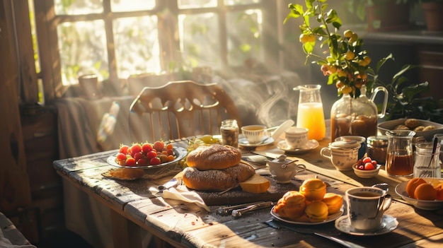 Café da manhã gourmet em uma mesa rústica a luz do sol filtrando através