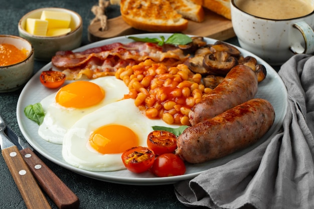 Café Da Manhã Tradicional Em Inglês Ovos Mexidos Feijão Tomate Cogumelos  Enchido E Doce De Damasco Com Clássico Inglês Imagem de Stock - Imagem de  alperce, alto: 217925027