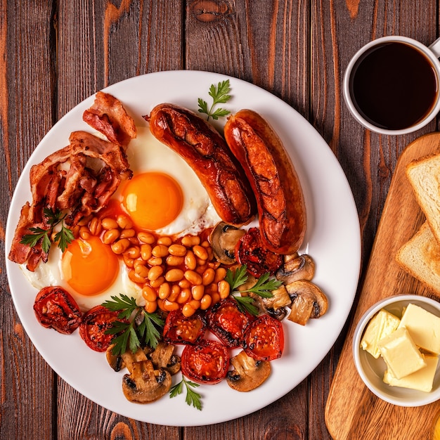 Café da manhã inglês completo tradicional com ovos fritos