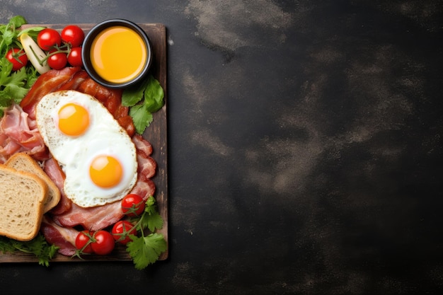 Café da manhã inglês em um prato com ovos mexidos, salsichas, bacon, feijão, torradas e café em um fundo escuro de pedra ai generative