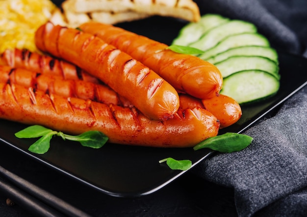 Café da manhã inglês ovos fritos salsicha pepino e torradas