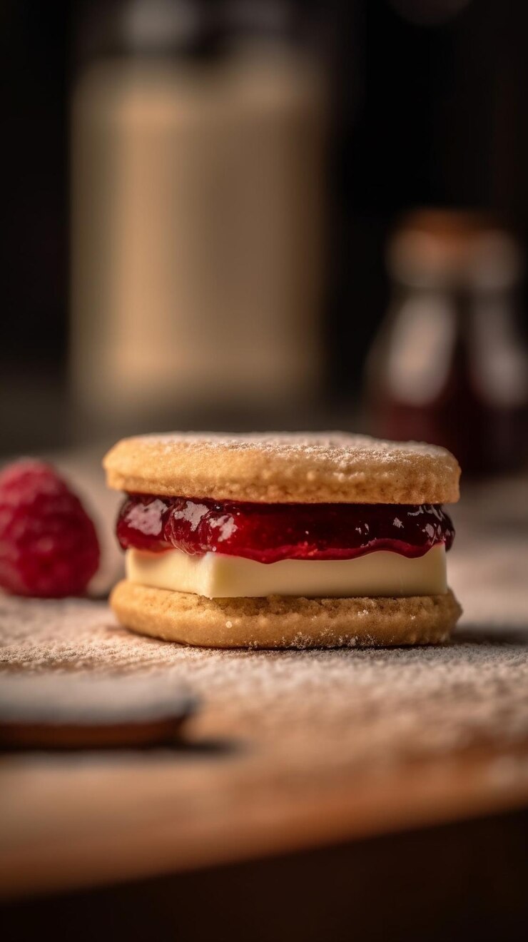 Foto café da manhã no hotel, sanduíches de biscoito com porções de creme e geléia, foco seletivo ia generativa