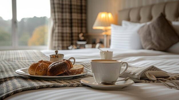 Foto café da manhã no quarto do hotel uma cama aconchegante hospedando uma deliciosa refeição matinal o epítome de um começo tranquilo ai generative