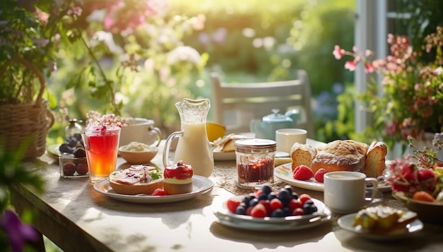 Café da manhã no verão no parque verde ou no jardim mesa de madeira flores em vaso croissants doces café fresco