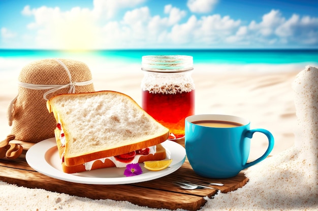 Café da manhã nos trópicos torradas com geléia e café na praia de areia servida mesa na praia