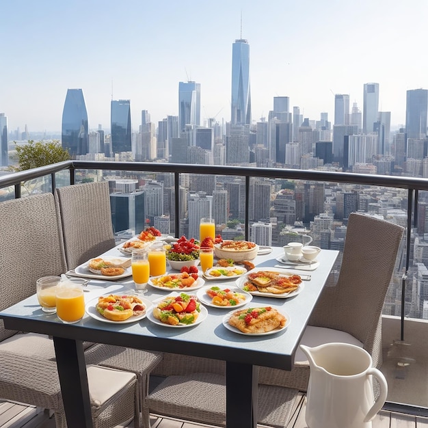 Café da manhã numa varanda com vista para o horizonte