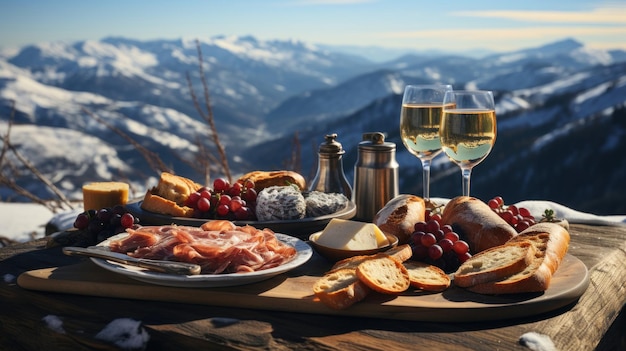 Foto café da manhã piquenique nos alpes com pão de queijo, presunto e vinho branco