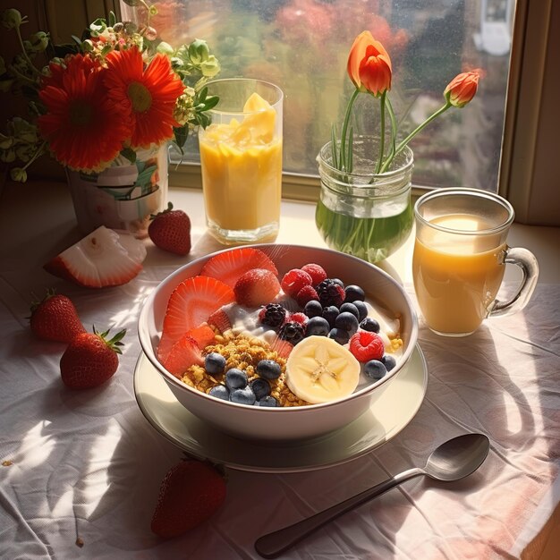 Café da manhã saudável com bagas frescas de muesli e suco de laranja