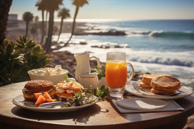 Café da manhã saudável com doces de frutas e bebidas em mesa de madeira com vista para o mar AI Gerado