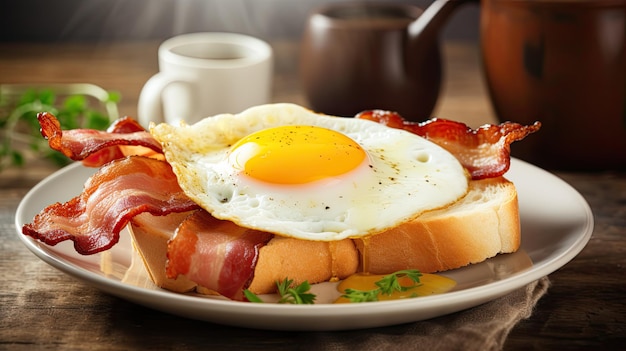 Café da Manhã Saudável com Ovos, Bacon, Salsicha, Torrada e Xícara de Café no Prato Frito Tradicional