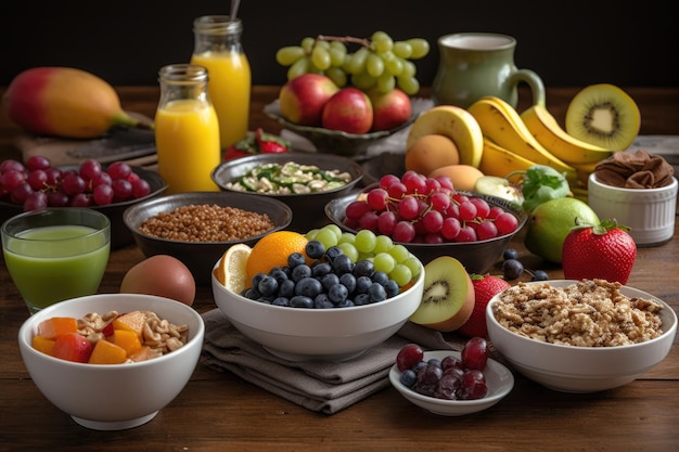 Foto café da manhã saudável com uma variedade de frutas e legumes criados com ai generativa