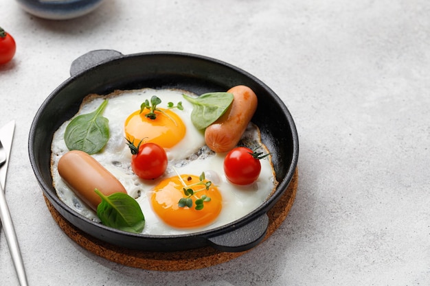 Café da manhã saudável é servido em uma frigideira preta Ovos fritos com salsichas de espinafre de tomate cereja
