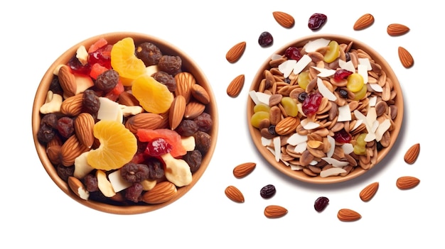 café da manhã saudável, frutas secas e tigela de granola isolada