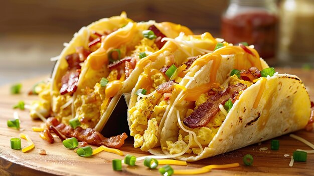 Foto café da manhã tacos com hashbrowns ovos mexidos e bacon coberto com queijo generative ai