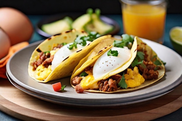 Foto café da manhã tacos com ovos e chipotle fumegante