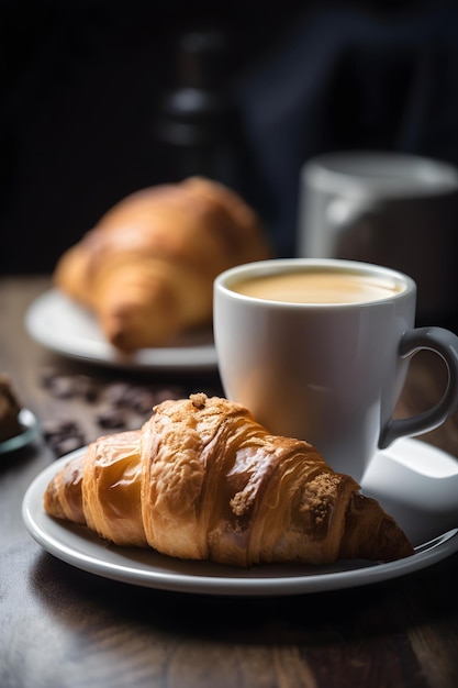 Café da manhã tradicional com croissant e café Generative AI