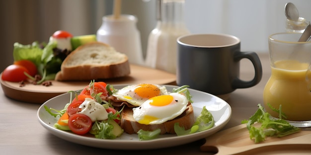 Café da manhã tradicional com torrada de ovos fritos e salada na placa AI gerada