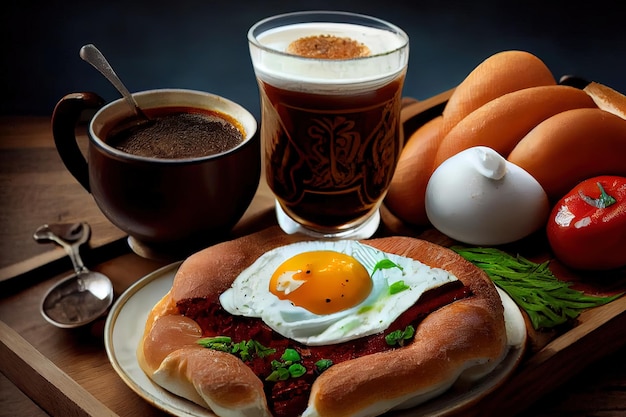 Café da manhã turco na cama com comida de ovos fritos