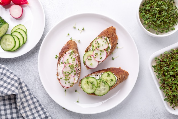 Café da manhã vegetariano. Pão integral com cream cheese, pepino, rabanete e mostarda. Micro verduras na tigela. Vista do topo. Lanche saudável