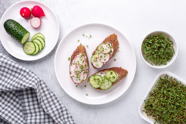 Café da manhã vegetariano. Pão integral com cream cheese, pepino, rabanete e mostarda. Micro verduras na tigela. Vista do topo. Lanche saudável