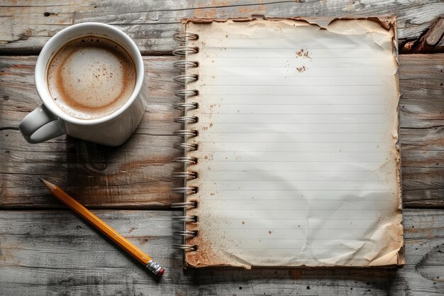 Café da manhã xícara vazio caderno lápis em mesa de madeira aconchegante café da manhã de verão vista superior plana deitar