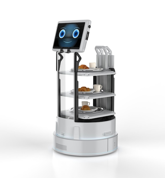 Café de automação com assistente robótico ou robô de serviço serve comida