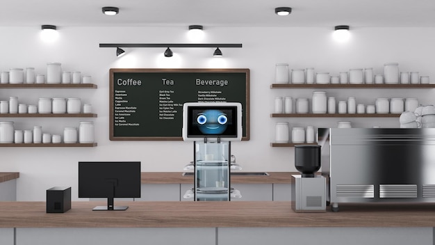 Café de automação com assistente robótico ou robô de serviço serve comida