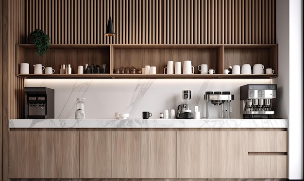 Café de design tropical de luxo moderno, balcão de madeira com máquina de expresso, exposição de bolo, geladeira, IA generativa