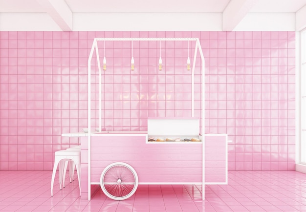 Café de estilo minimalista com fundo rosa parede rosa e chão de azulejos rosa renderização 3D