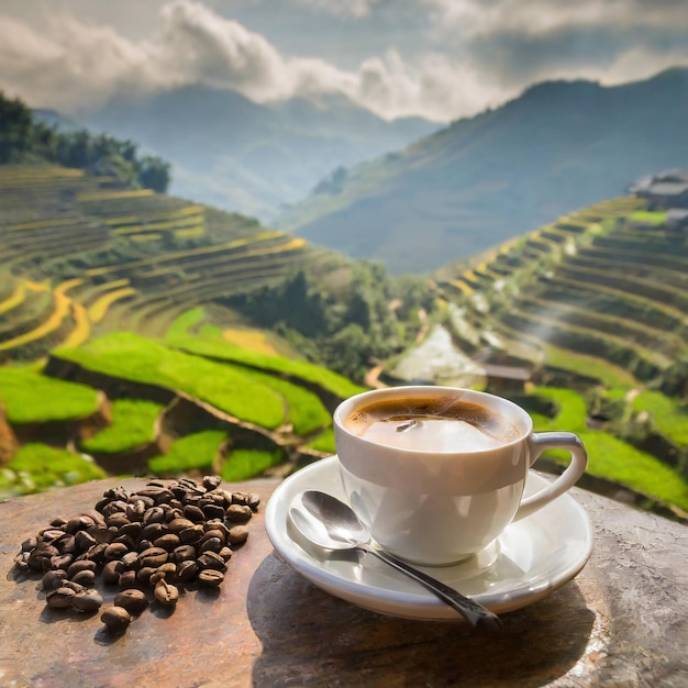 Café de estilo vietnamita com fundo de terraço de arroz em sapa vietnam