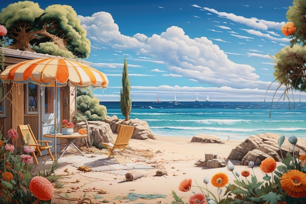 Café de praia na praia renderização 3D Ilustração digital Sommer Sonne Strand und Meer im Urlaub AI Gerado