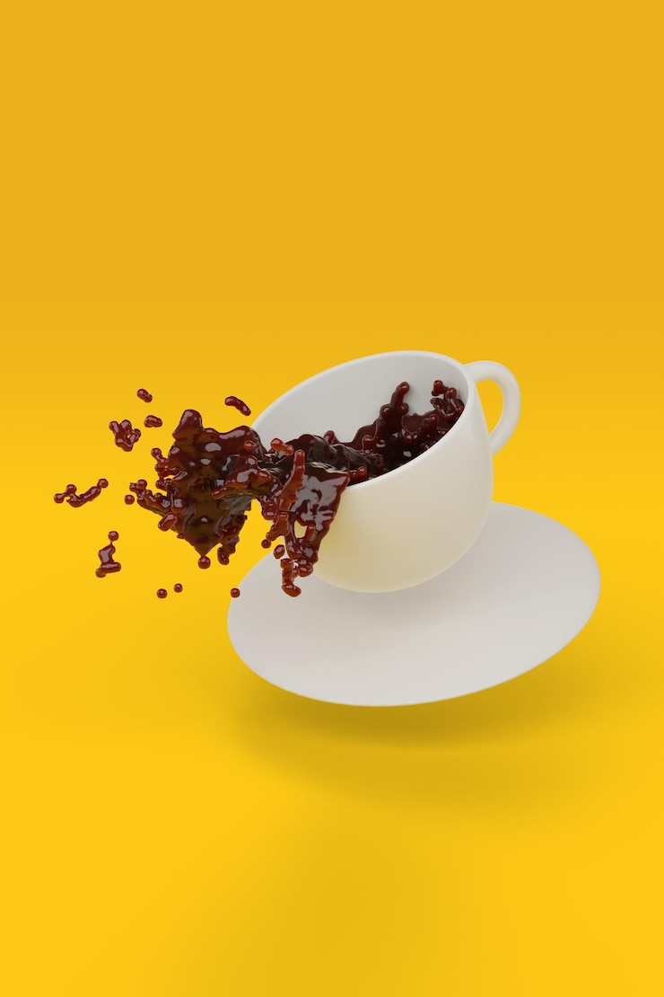 Foto café derramando de uma caneca isolada na ilustração 3d de fundo amarelo