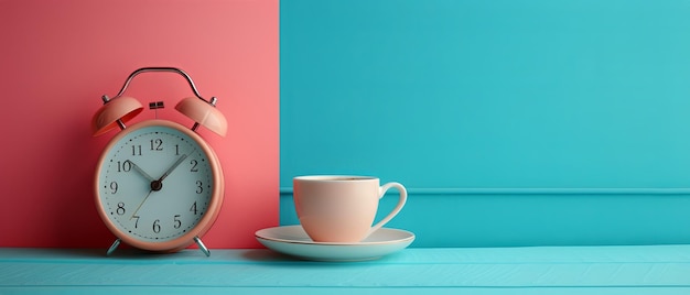 Café con despertador de la mañana sobre un fondo azul