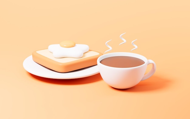 Café de dibujos animados y pan en rebanadas hora del desayuno renderización 3D