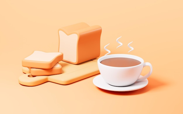 Café de dibujos animados y pan en rebanadas hora del desayuno renderización 3D
