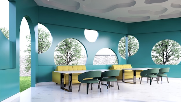 Café con diseño moderno contemporáneo, paredes verdes y muebles de sofá amarillo