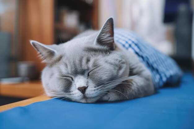 En el café duerme un gato con una camisa azul.