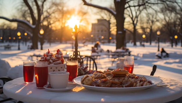 Café e biscoitos na mesa do parque no inverno