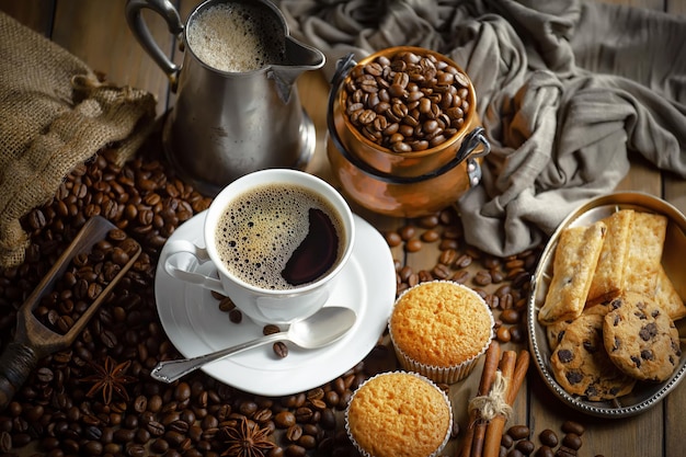 Café e bolos em uma mesa