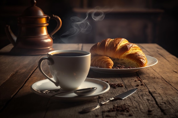 Café e croissant na mesa de madeira Generative AI