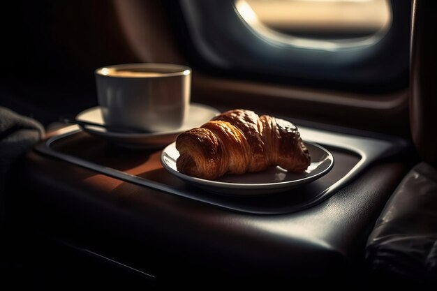 Café e croissants na mesa.