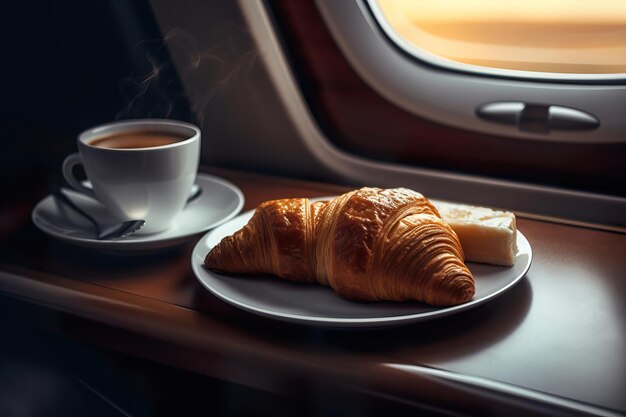 Café e croissants na mesa.