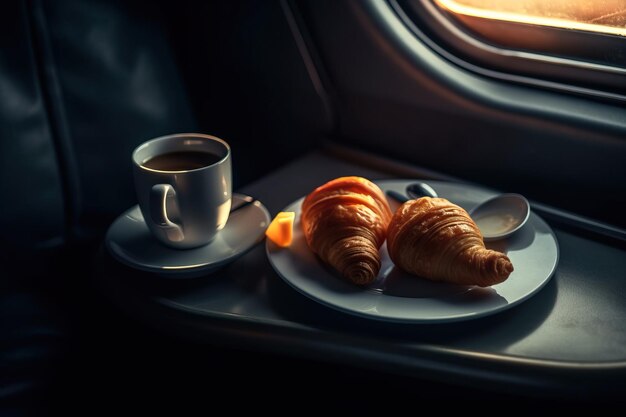 Café e croissants na mesa.