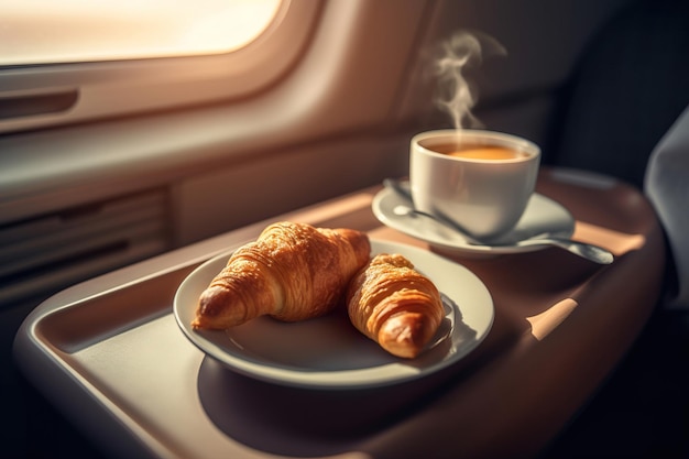 Café e croissants na mesa.