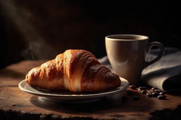 Café e croissants na mesa.