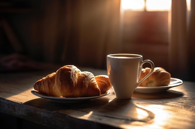 Café e croissants na mesa.